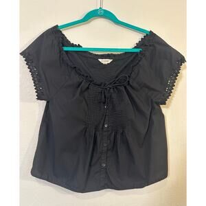 Lucky Brand Pintuck Eyelet Blouse Black Boho Size Small
